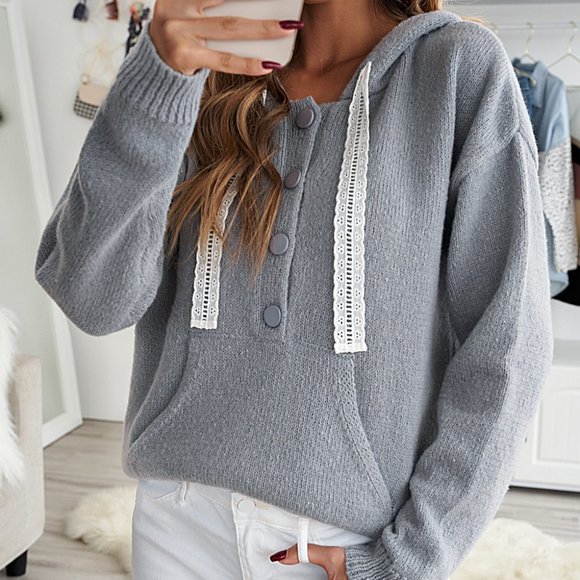 Hooded Knit Pullover with Lace Drawstrings NWT - Picture 1 of 5